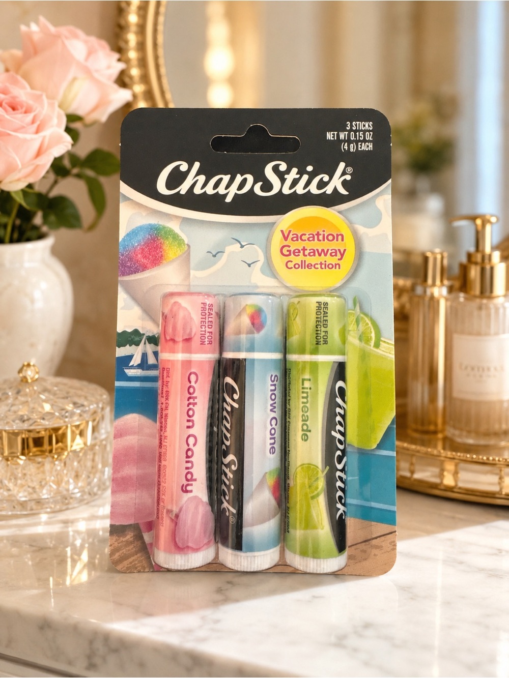 ChapStick Vacation Getaway Cotton Candy Snow Cone Limeade 3-Pack NEW